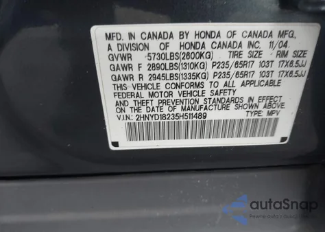 2005 Acura Mdx из США, поврежденный, VIN 2HNYD18235H511489